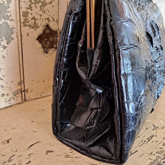 Vtg Alligator Bag Black 50s EUC Double Handle - Picture 4 of 12